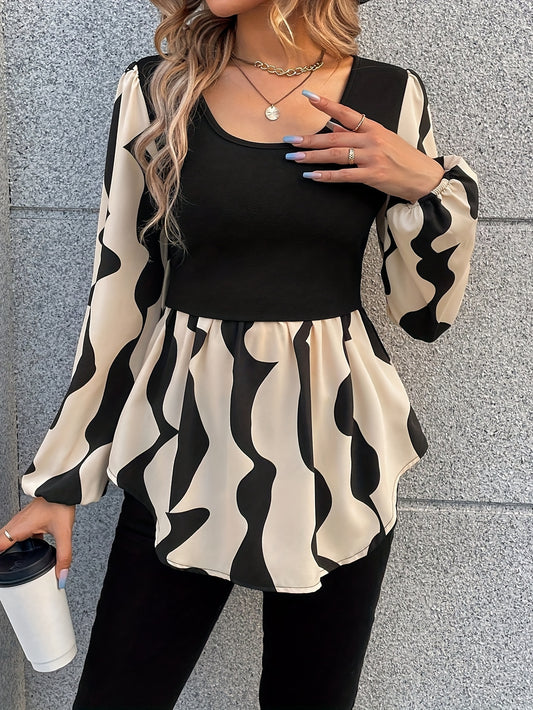 Women'S Chic Black & White Abstract Print Blouse - Long Sleeve Square Neck Top, All-Season Everyday & Formal Shirt for Women - Non-See-Through Office Party Blouse, Versatile Clothing, Nontransparent Fabric, Work Attire, Styli