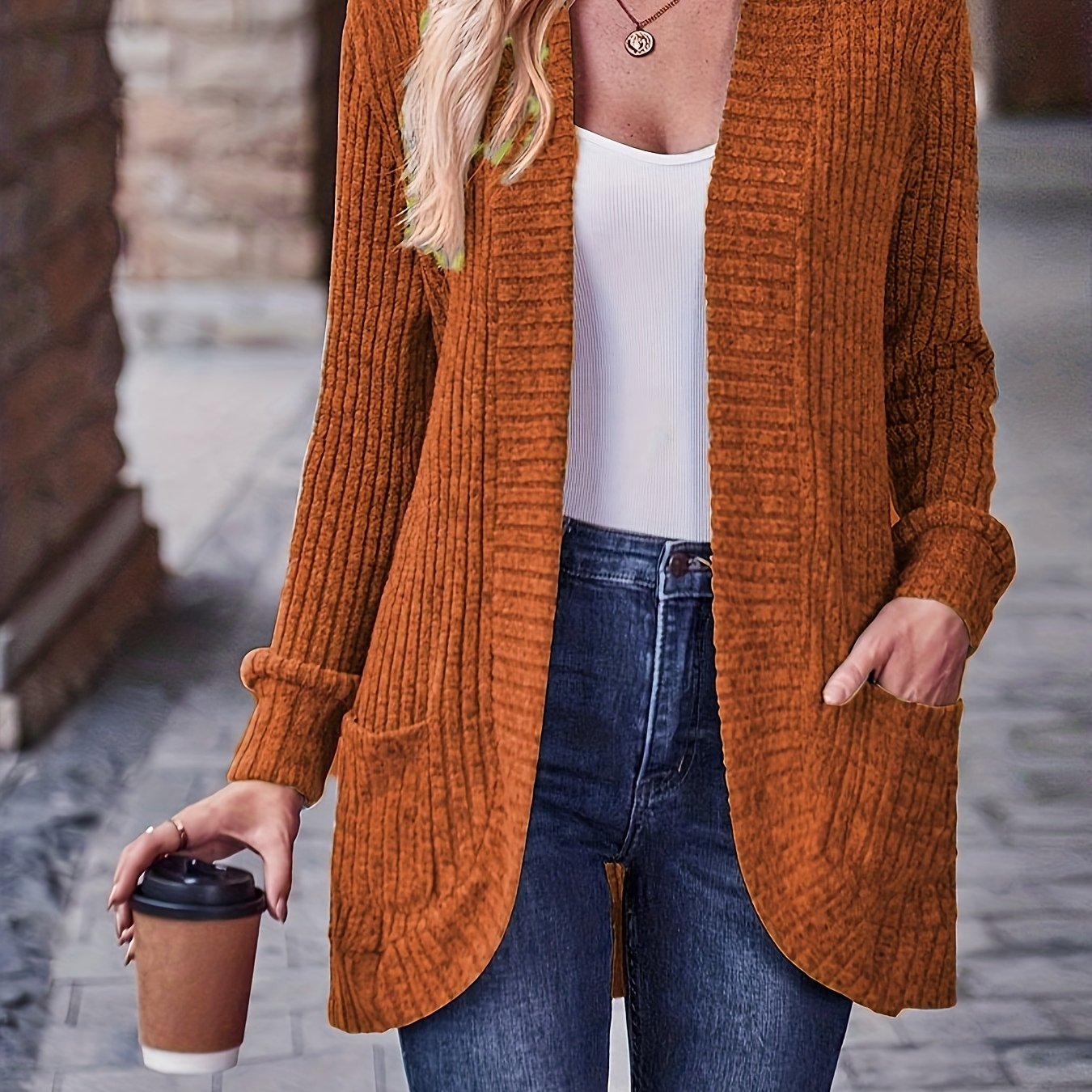 [Elegant Women's Blouse] Elegant & Chic Women's Loose Fit Long Sleeve Blouse | Open Collar Casual Top with Side Pockets, Machine Washable, Mustard-Yellow, Non-Transparent, All-Season, Medium Elasticity, Versatile, Quality Sti