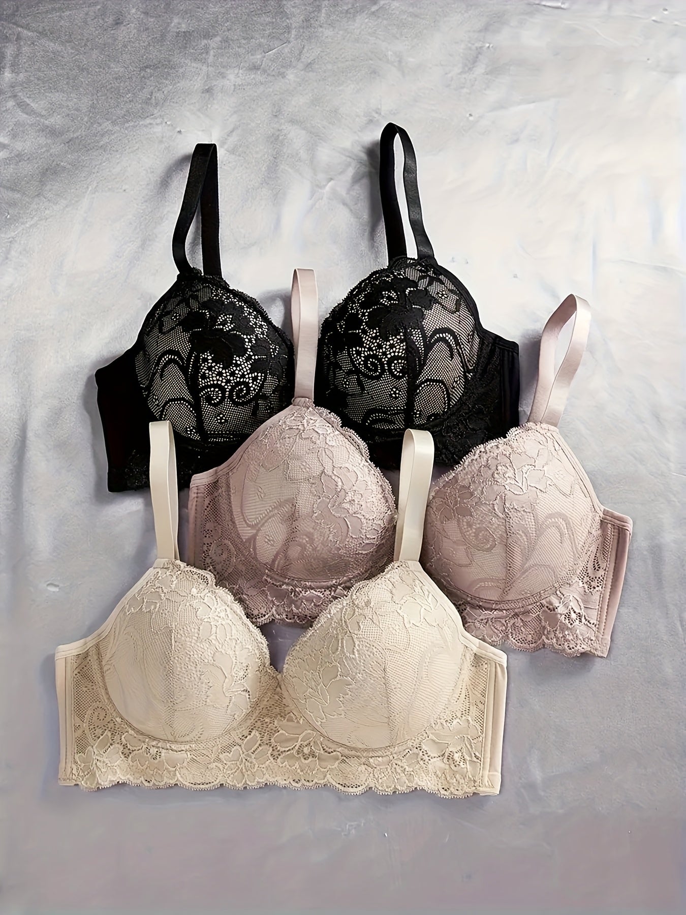 3pcs Solid Lace Underwire Bra, Sexy Comfy Push Up Breathable Bra, Women'S Lingerie & Underwear