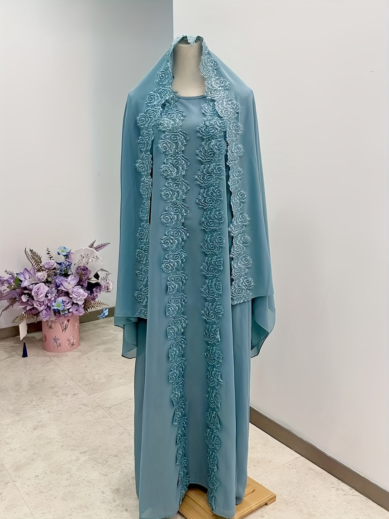 Women's 3pcs Islamic Abaya Muslim Modest Outfit Set - Long Sleeve Elegant Maxi Dress with Lace Hem & Head Veil, Loose-Fit H-Line Silhouette, Machine Washable All-Season Traditional Muslim Clothing for Prayer, Casual Attire &