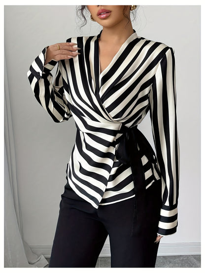 [Stylish, Button-Up Shirt] Stylish, Versatile Women's Long Sleeve Button-Up Shirt - V-Neck, Black & White Striped Pattern, Regular Fit, All-Season Top for Casual or Formal Wear