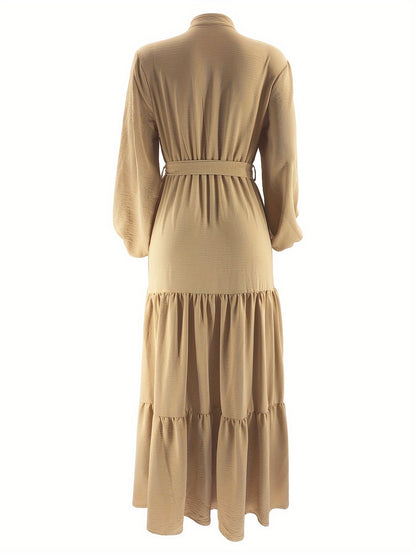 [Light Green Maxi Dress] Casual Light Green Polyester Maxi Dress - Elegant Solid Color with Ruffle Hem & Button Detail, Machine Washable - Hijab Not Included