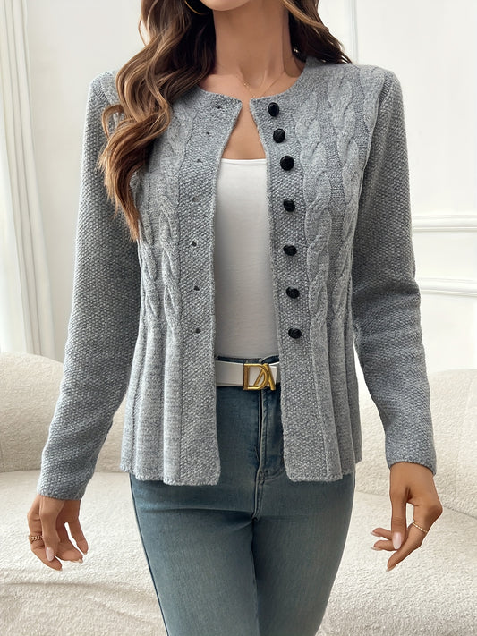 LUNE Women's Casual Front Button Cardigan - Soft Stretch Long Sleeve Open Front Sweater, Round Neck All-Season Layering Piece for Daily Wear, Cardigan, Versatile Clothing, Medium Elasticity, Textured Fabric