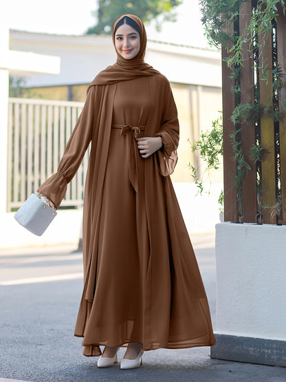 Middle Eastern Muslim Elegant Chiffon Abaya Set with Vest and Belted Outer Wrap