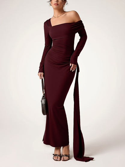 Elegant Off-Shoulder Maroon Maxi Dress for Women - Long Sleeve, Ruched Design, Perfect for Formal Events, Adult Fashion, Formal Evening Wear|Ruched Texture|Polyester Fabric