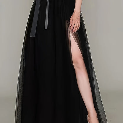 [Elegant Maxi Skirt] Red Elegant High-Waist Tulle Maxi Skirt | Asymmetrical Hem, Solid Color Polyester Lined, All-Season Mesh A-Line Skirt with Elastic Waistband, Formal Event Attire, Flowing Design, Polyester Lining