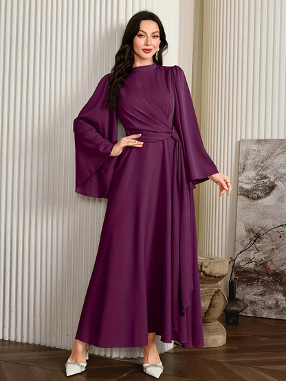 [Muslin Ramadan Dress] Ramadan Women's Evening Dress, Muslin Arabic Gown with Long Flared Sleeves, Stand Collar, Side Embellishments