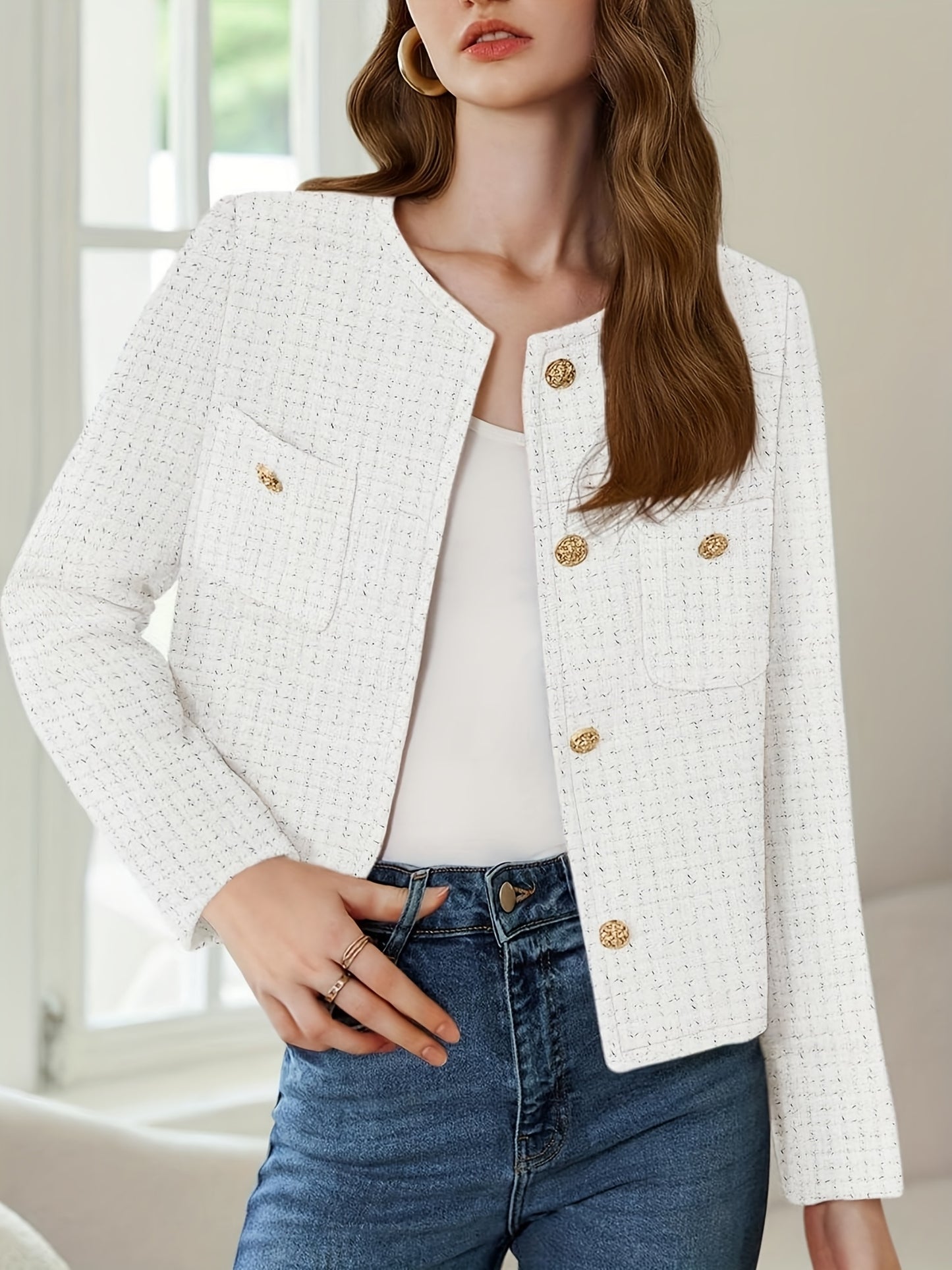 [Office Ready] Women's Elegant Purple Tweed Jacket - Long Sleeve Button Cropped Blazer with Pockets, Soft Polyester Fabric, Perfect for Fall/Winter Business Casual Style, Business Casual Wear | Buttonup Jacket | Textured Twee