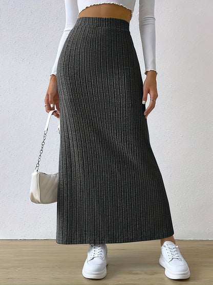 Elegant High-Waisted Ribbed Maxi Skirt with Side Slit - Stretchy Polyester Blend, Solid Color Dark Gray, Long Length for Women’s Fashion, Semiformal Attire | Modern Maxi Skirt | Knitted Fabric