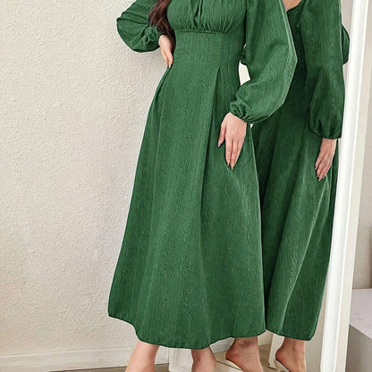 Textured Cross Tie Lantern Sleeve Dress – Elegant & Romantic