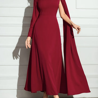 Elegant Maroon A-Line Midi Dress with Keyhole Detail - Long Sleeve, Round Neck, Flowing Silhouette, Perfect for Weddings & Formal Events, A Dress for Women
