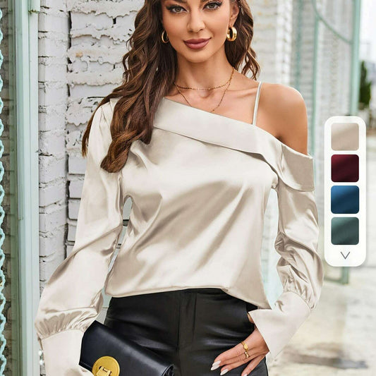 2024 Off-Shoulder Satin Silk Long-Sleeve Blouse for Women