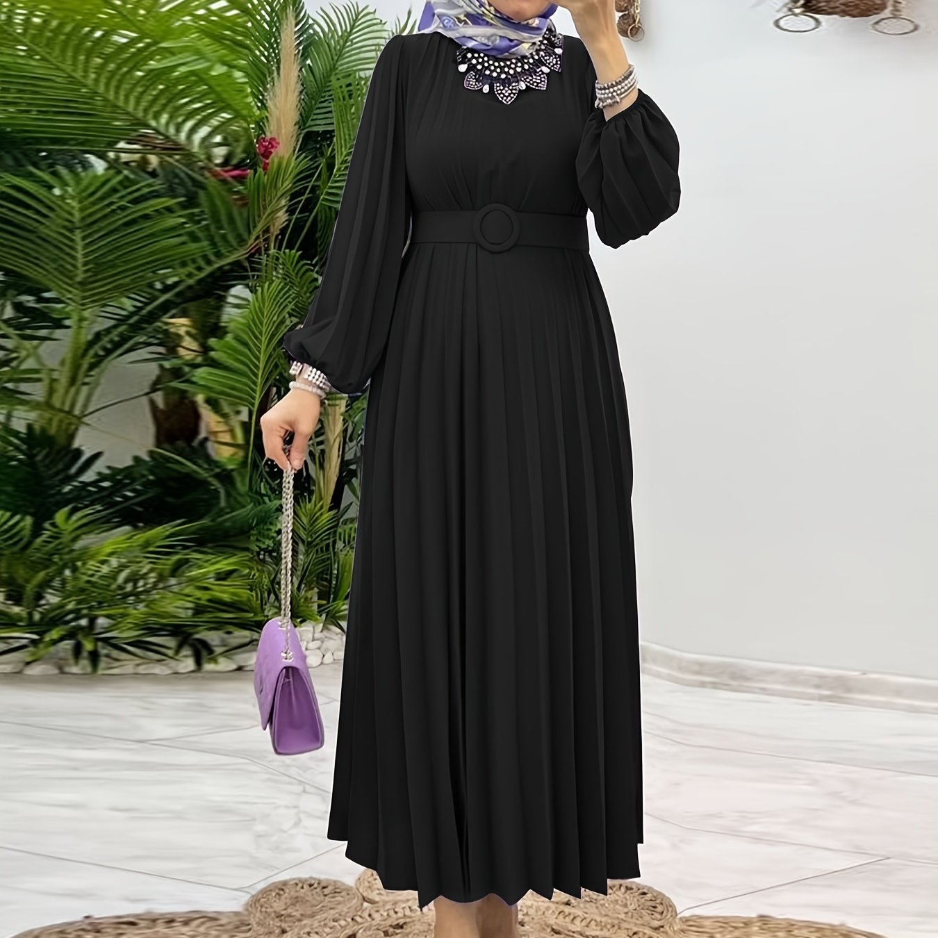 [Elegant Abaya] Elegant Mint Green Abaya | Women's Middle Eastern Modest Dress, Long Sleeve, Floor-Length, Belted Waist, Puff Sleeve, Machine Washable, Traditional, Solid Color, No Stretch Fabric, Casual & Formal Occasions