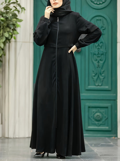 Elegant Zippered Long Robe 8033-1 for Women, 100% Polyester Solid Color, All-Season Long-Length Dress with Zipper Detail, Woven Fabric, 130g/m² Weight