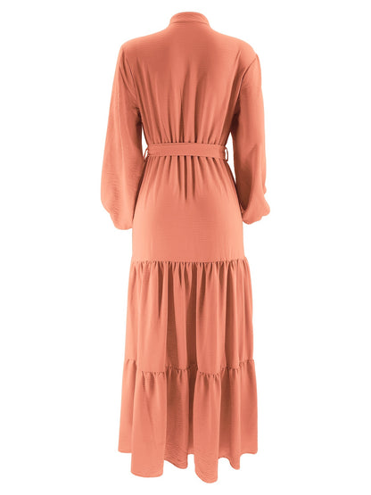 [Light Green Maxi Dress] Casual Light Green Polyester Maxi Dress - Elegant Solid Color with Ruffle Hem & Button Detail, Machine Washable - Hijab Not Included