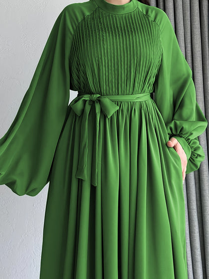 Solid Pleated Mock Neck Modest Dress, Elegant Lantern Sleeve Belted Ruffle Hem Maxi Dress, Women's Clothing