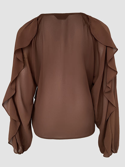 Women's Elegant V-Neck Blouse with Asymmetrical Shoulder Ruffles - Slim Fit Long Sleeve Top, Solid Color Casual Chic Shirt for Spring/Fall, Hand Wash Only, Spring Fall Attire, Ruffle Detail Top, Sophisticated Texture, Fall Wa