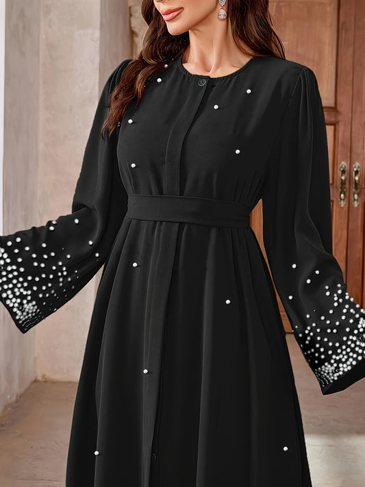[Elegant Abaya Dress] Black Elegant Abaya Dress | Middle Eastern-Inspired, Pearl Embellishments, Sleeve Belted Waist, Puffed Shoulders & Length for Modest Formal & Casual Wear, All-season Outfit, Sparkling Details