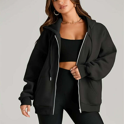 Women's Casual Zip-Up Hoodie with Pockets, Cotton Blend - D&M Boutique 