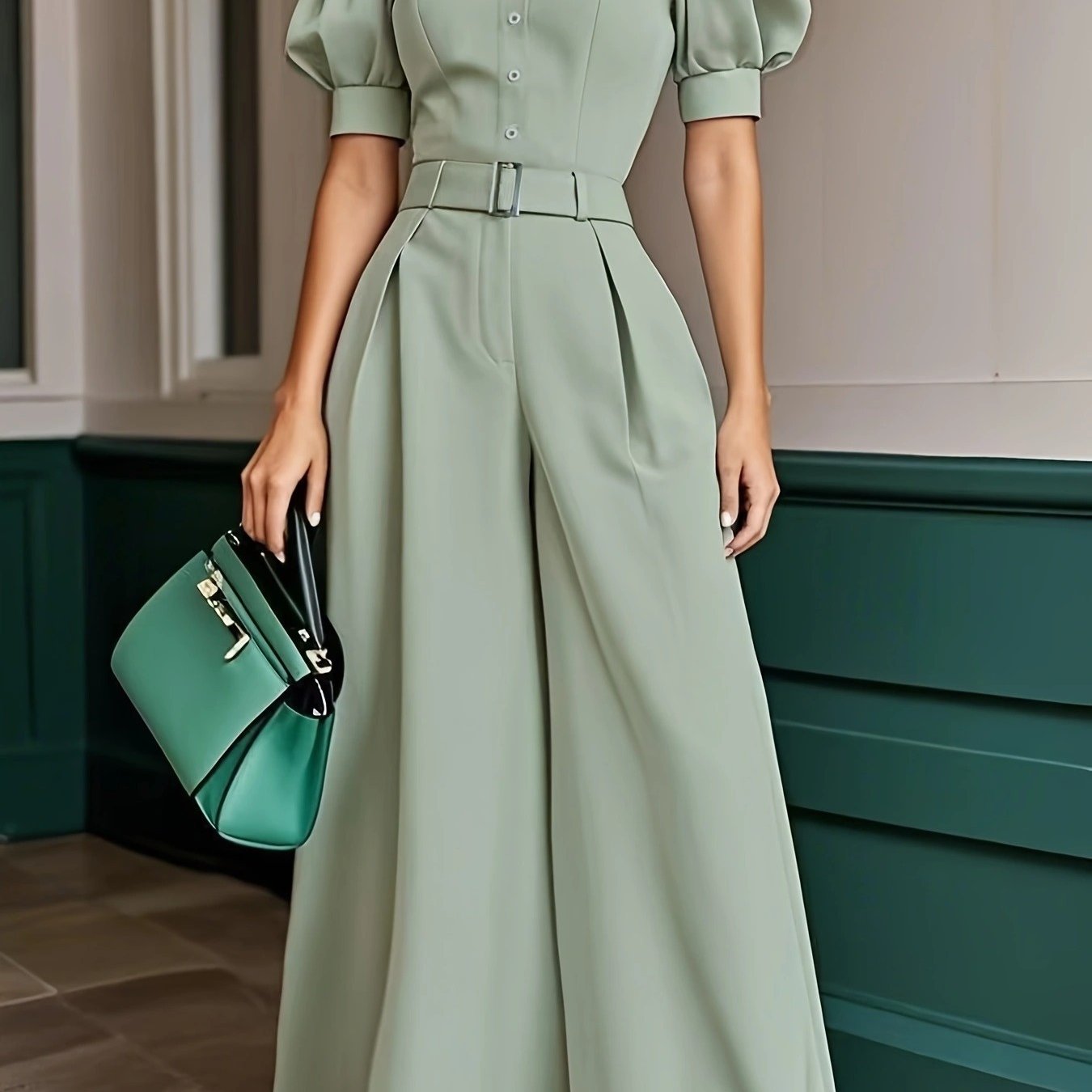 [Mint Green Jumpsuit] Mint Green Loose-Fit Jumpsuit | Women's Summer Solid Color Machine-Washable Jumpsuit for Casual & Professional Outfits, Wideleg Outfit, Nonstretch Fabric