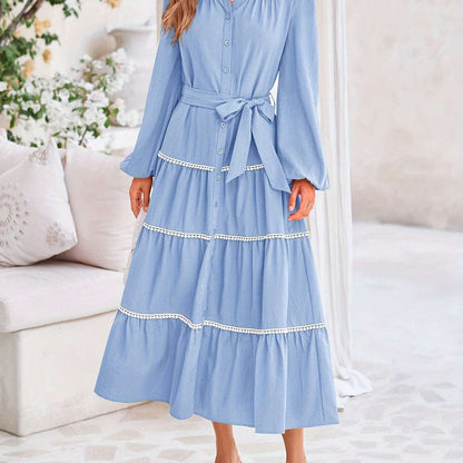 Women'S Spring Casual Dress Loose Drawstring Lantern Sleeve Long Sleeve Tier Dress With Pockets