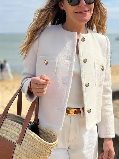 [Office Ready] Women's Elegant Purple Tweed Jacket - Long Sleeve Button Cropped Blazer with Pockets, Soft Polyester Fabric, Perfect for Fall/Winter Business Casual Style, Business Casual Wear | Buttonup Jacket | Textured Twee