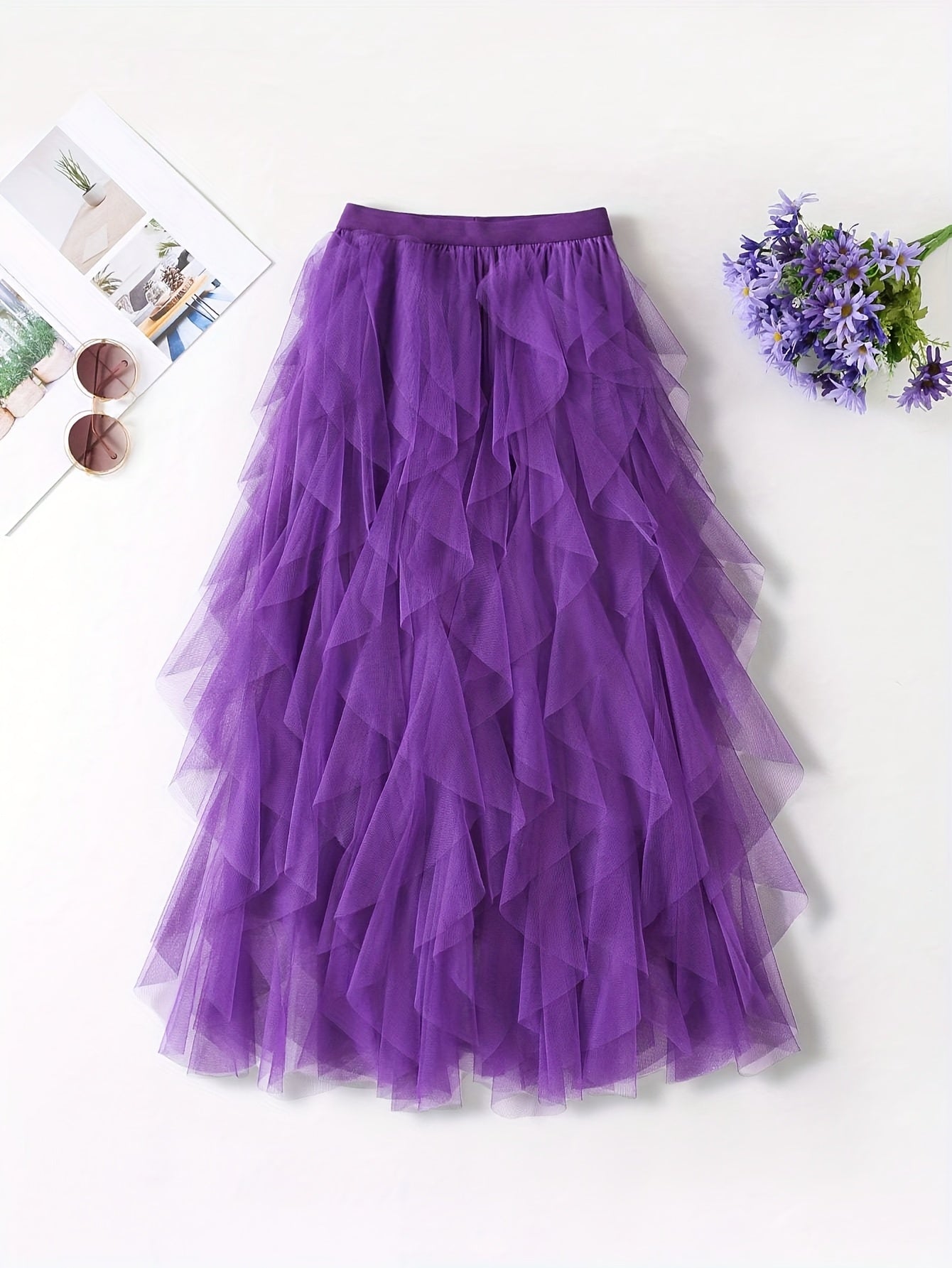 Chic Elegance, Elegant High-Waist A-Line Tulle Skirt for Women - Chic Korean-Style Spring Collection, Sheer Brown Polyester with Delicate Mesh Layers, Perfect for Summer Skirt