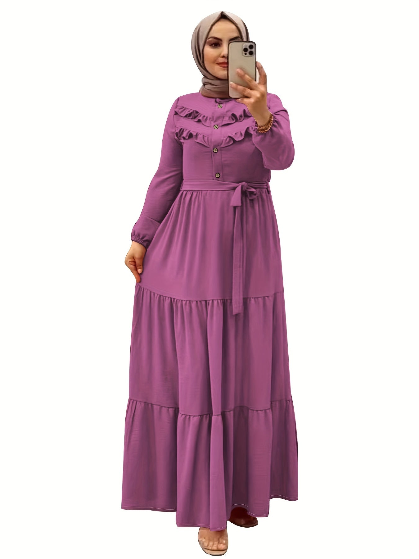 [Light Green Maxi Dress] Casual Light Green Polyester Maxi Dress - Elegant Solid Color with Ruffle Hem & Button Detail, Machine Washable - Hijab Not Included