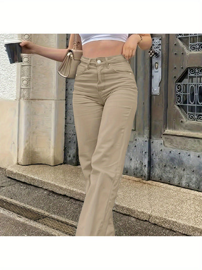 Women'S High-Waisted Straight-Leg Jeans - Stretch Denim with Pockets, Beige, Casual & Workplace Style, Mid-Rise, Flared Design, Perfect for Spring Commuting, High Waisted Jeans
