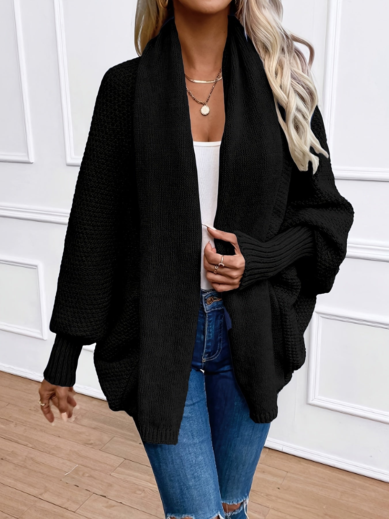 [Elegant Cardigan] Lightweight Polyester Elegant Women's Solid Color Bell Sleeve Cardigan | Contrast Collar, Perfect for Spring/Fall & Winter, Autumn Winter Fashion