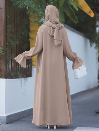 Middle Eastern Muslim Elegant Chiffon Abaya Set with Vest and Belted Outer Wrap