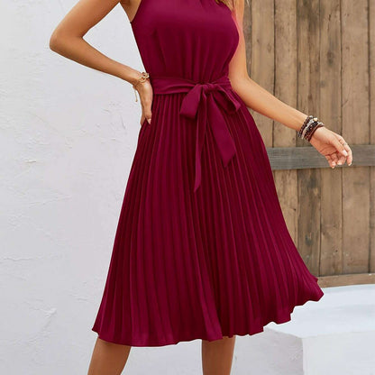 Women's Sleeveless Halter Pleated A-Line Summer Dress - D&M Boutique