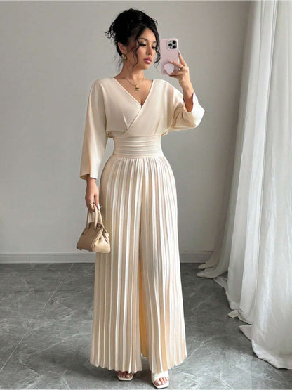 Women'S Elegant Beige Jumpsuit - V-Neck, Three-Quarter Sleeve, Wide-Leg Design with Tie Waist, Solid Color, Perfect for Vacation or Casual Outings, Vacation Attire | Vneck Jumpsuit | Glossy Texture