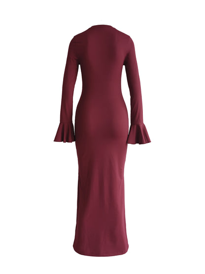 Elegant Maroon Long Sleeve Maxi Dress with Ruched Waist and Tie Detail - Stretchy, Flowing Design for Indoor Evening Events, Perfect for Fall/Winter Gatherings, Formal Evening Wear|Ruched Waist Dress|Stretchy Fabric