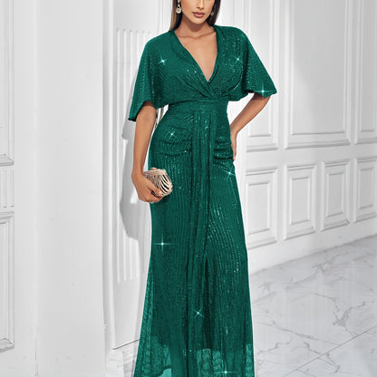 Sparkling V-neck Waist Cinched Dress
