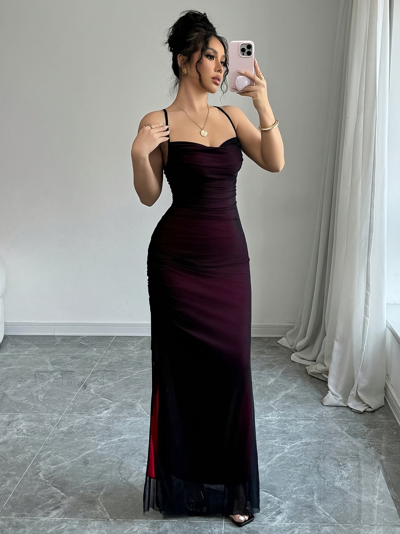 [Elegant Bodycon Dress] Elegant High-Stretch Mesh Bodycon Dress | Women's Adjustable Backless Long Sleeveless Party Dress, Machine Washable All-Season Formal & Casual Wear, Versatile Fashion, Double Mesh Detail, Solid Color