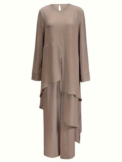 Muslim Women's Round Neck Abaya and Wide-Leg Pants Set, Middle Eastern Two-Piece Abayas with Round Neck