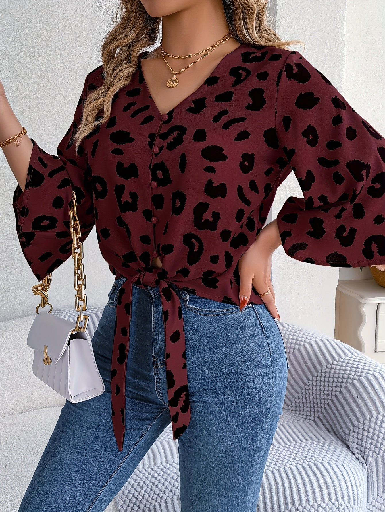 [Leopard Print Tied Bow Top] Elegant Leopard Print Spring & Summer Casual Women's Tied Bow Top