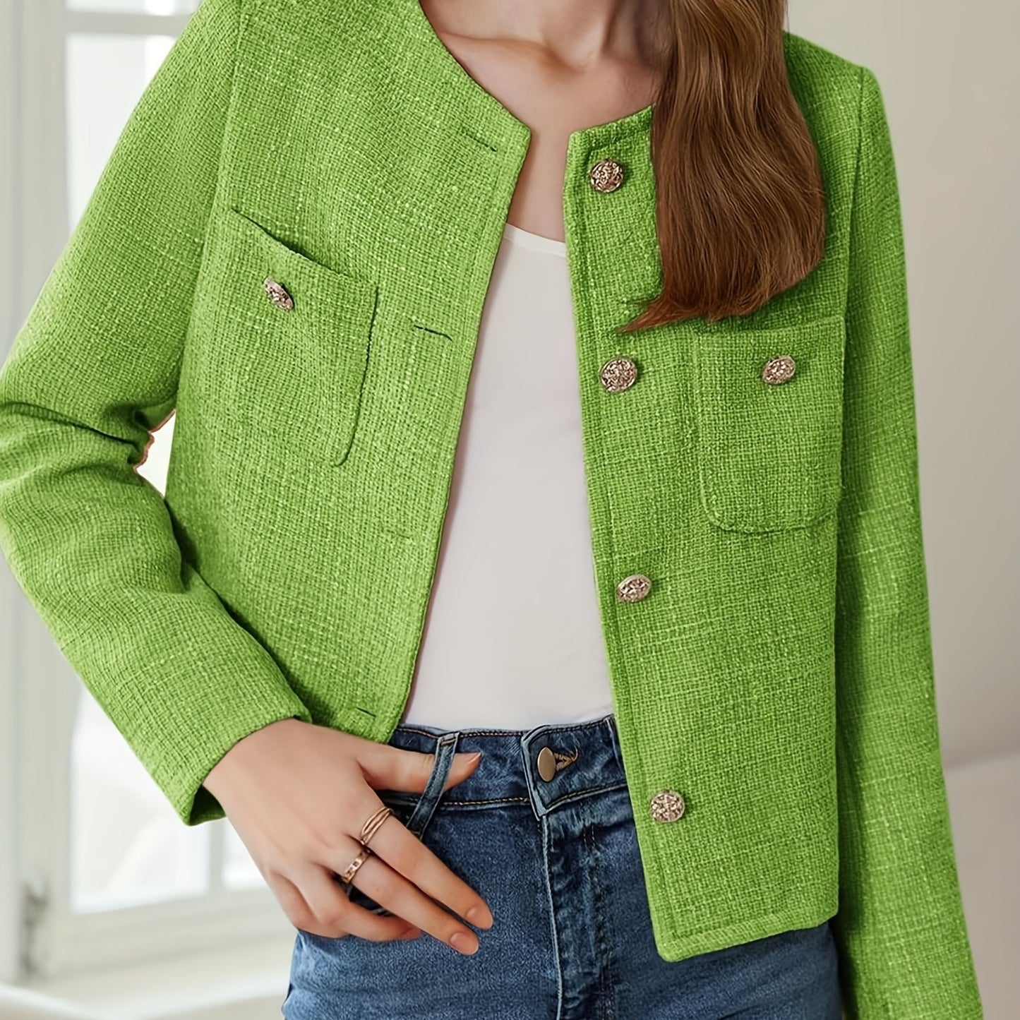 [Office Ready] Women's Elegant Purple Tweed Jacket - Long Sleeve Button Cropped Blazer with Pockets, Soft Polyester Fabric, Perfect for Fall/Winter Business Casual Style, Business Casual Wear | Buttonup Jacket | Textured Twee