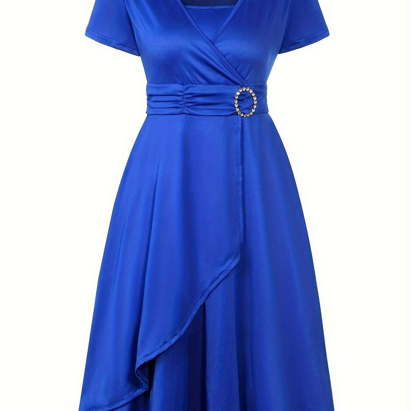 Plus Size Elegant V-Neck Belted Midi Dress with Flowy Hem