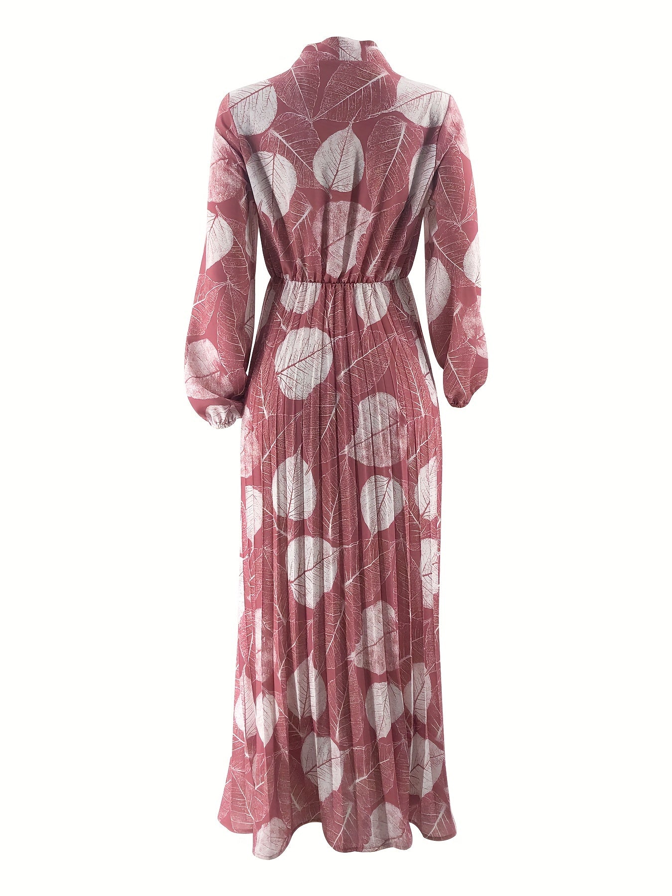 [Modest Wear Muslim Dress] Modest Wear Muslim Dress - Black & White Leaf Print Long Sleeves Polyester Blend - Pleated Waist Design, Machine Washable for All Seasons