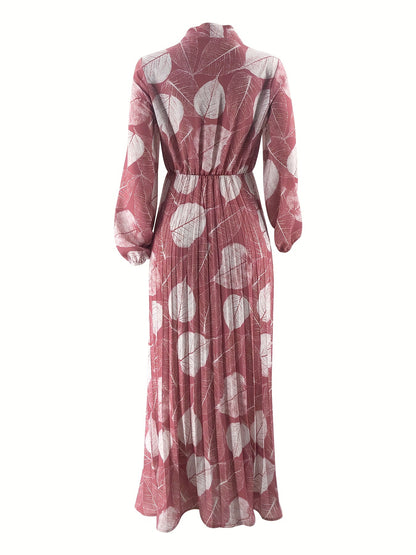[Modest Wear Muslim Dress] Modest Wear Muslim Dress - Black & White Leaf Print Long Sleeves Polyester Blend - Pleated Waist Design, Machine Washable for All Seasons