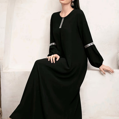 [Elegant Sequin Abaya Dress] Polyester Elegant Sequin Decorative Ladies Abaya Kaldan Dress - Humble Long Sleeves, Round Neck, Perfect For Spring/summer/fall