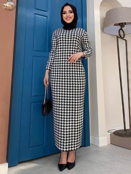 [Seasonal Chic, Elegant Hijab Suit] Elegant Houndstooth Hijab Suit Set - Chic Long Sleeve Cardigan with Belt & Maxi Dress Combo, Polyester Blend, Machine Washable - Perfect for Fall/Winter