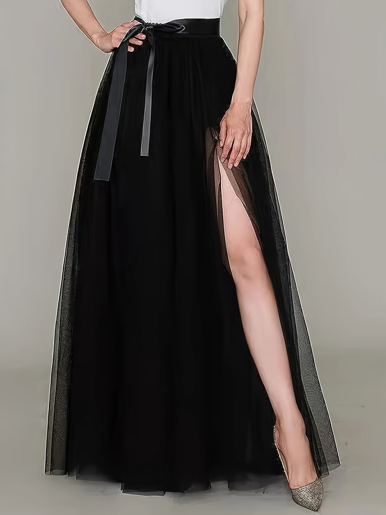 [Elegant Maxi Skirt] Red Elegant High-Waist Tulle Maxi Skirt | Asymmetrical Hem, Solid Color Polyester Lined, All-Season Mesh A-Line Skirt with Elastic Waistband, Formal Event Attire, Flowing Design, Polyester Lining