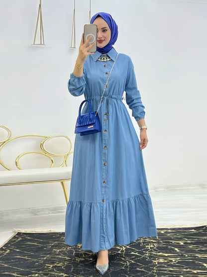 [Stylish Dress] Stylish Blue Women's Button-Up Dress | Long Sleeve, Ruffle Detail, Front Pocket, Drawstring Waist, Casual, All-Season - (Headscarf Not Included)