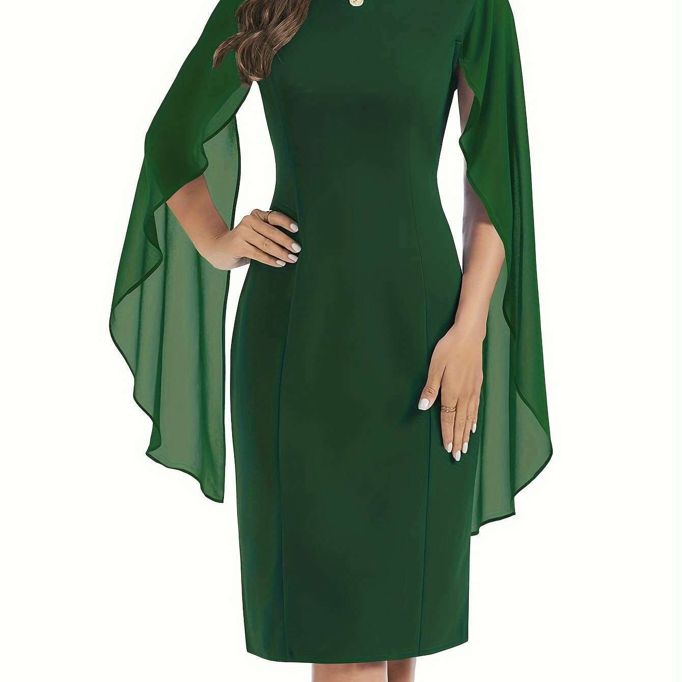 Elegant Midi Bodycon Dress with Cape Sleeves and Slit Hem - D&M Boutique