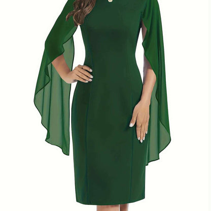 Elegant Midi Bodycon Dress with Cape Sleeves and Slit Hem - D&M Boutique